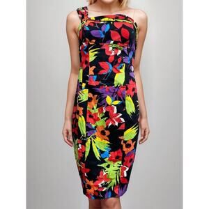 Cache One Shoulder Cocktail Dress Black Floral Size 8